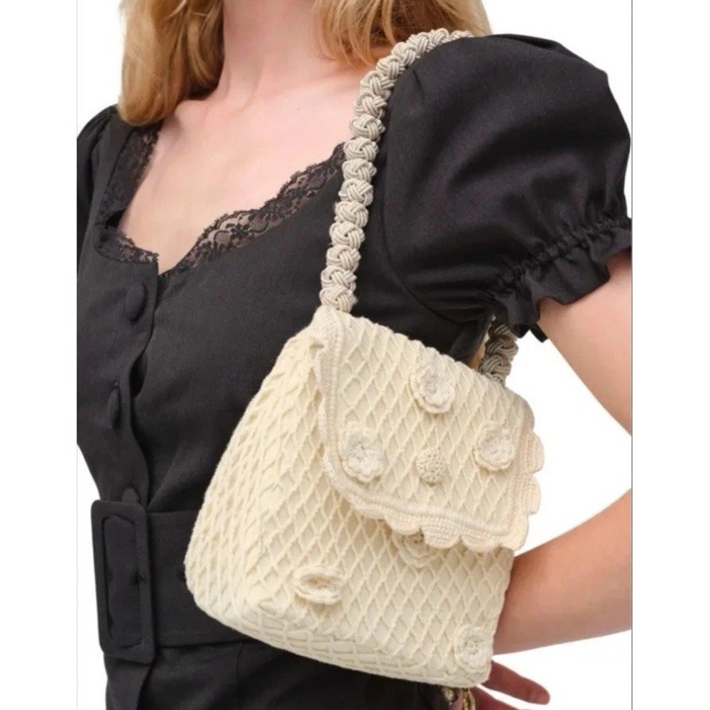 For Love & Lemons Romantic Coquette Knit Crochet Purse Cream Rosettes Cottage